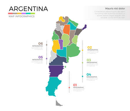 Argentina country map infographic colored vector template with regions and pointer marksのイラスト素材