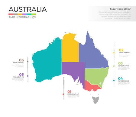 Australia country map infographic colored vector template with regions and pointer marksのイラスト素材