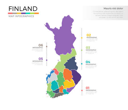 Finland country map infographic colored vector template with regions and pointer marksのイラスト素材