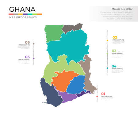 Ghana country map infographic colored vector template with regions and pointer marksのイラスト素材