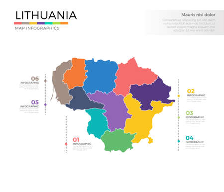 Lithuania country map infographic colored vector template with regions and pointer marksのイラスト素材