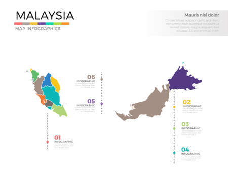 Malaysia country map infographic colored vector template with regions and pointer marksのイラスト素材