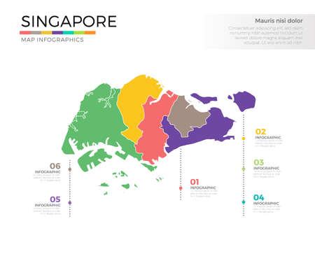 Singapore country map infographic colored vector template with regions and pointer marksのイラスト素材