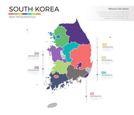 South Korea country map infographic colored vector template with regions and pointer marksのイラスト素材