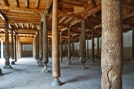 Juwa Mosque with wooden pillars in Khiva Uzbekistanの写真素材