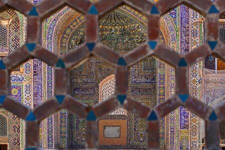 Ornaments and mosaics Registan Square in Samarkand Uzbekistanの写真素材