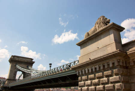 Budapests iconic Chain Bridge with its guardian lion in a prominent position の写真素材
