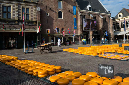 ALKMAAR, NETHERLANDS - APRIL 11: The centuries old cheese market in Alkmaar is by far the towns biggest tourist attraction. Every Friday morning from April through September at 10:00 the Waagplein (weighing square) comes to life, full of vendors selling tのeditorial素材