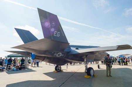 CAMP SPRINGS, MD, USA - SEPTEMBER 19, 2015: Visitors were able to check out the F-35 Lightning II, from a distance, during the 2015 Joint Base Andrews Air Show held at Joint Base Andrews in Camp Springs Maryland.のeditorial素材