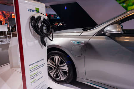 New York, USA - March 23, 2016: Kia Optima Hybrid on display during the New York International Auto Show at the Jacob Javits Center.のeditorial素材