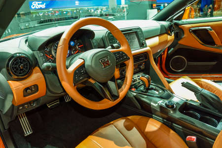 New York, USA - March 24, 2016: Nissan GT-R interior on display during the New York International...