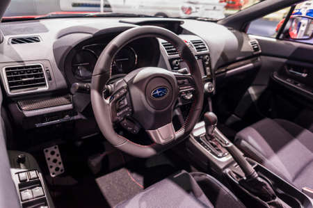 New York, USA - March 24, 2016: Subaru WRX interior on display during the New York International...