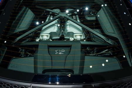 New York, USA - March 23, 2016: Audi R8 engine bay on display during the New York International Auto...