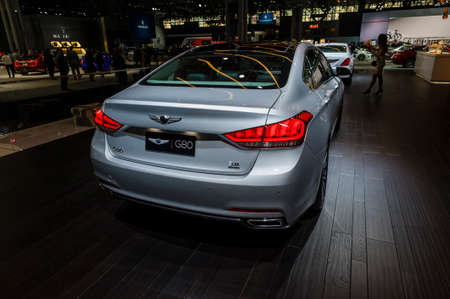 New York, USA - March 23, 2016: Genesis G80 on display during the New York International Auto Show at the Jacob Javits Center.のeditorial素材