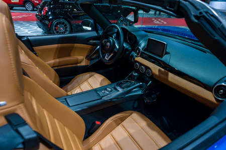 New York, USA - March 24, 2016: Fiat 124 Spider interior on display during the New York...