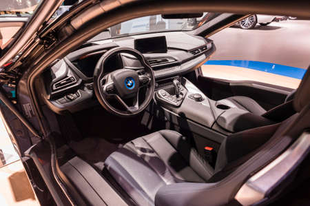 New York, USA - March 23, 2016: BMW i8 interior on display during the New York International Auto Show at the Jacob Javits Center.のeditorial素材