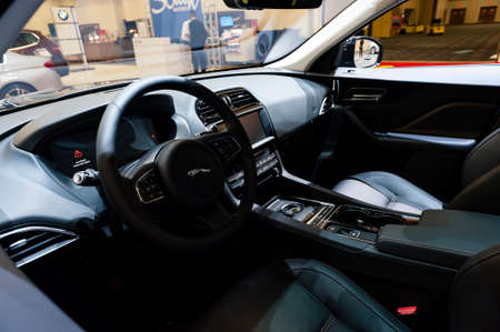 Miami, USA - September 10, 2016: Jaguar F-Pace Prestige SUV interior on display during the Miami International Auto Show at the Miami Beach Convention Center.のeditorial素材