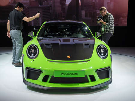 New York, US - March 28, 2018: Porsche 911 GT3 RS with the Weissach package on display during the...