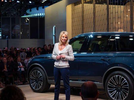 New York, US - March 28, 2018: Joy Falotico, President of Lincoln Motor Company, debuts the Lincoln Aviator during the 2018 New York International Auto Show held at the Jacob K. Javits Convention Center.のeditorial素材
