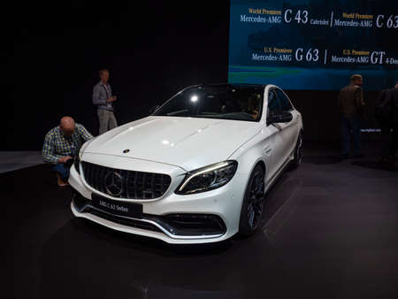 New York, US - March 28, 2018: Mercedes AMG C 63 sedan on display during the 2018 New York...
