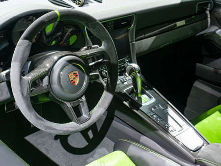 New York, US - March 28, 2018: Porsche 911 GT3 RS Wiessach package on display during the 2018 New...