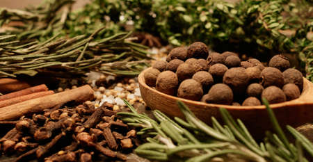 Dried herbs on the tableの写真素材