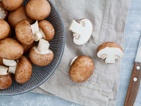 Top view of fresh champignons Portobello. Concept of cooking.の写真素材
