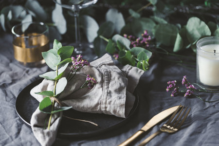 Festive table setting with floral decor. The concept of Thanksgiving or wedding dinner.の写真素材