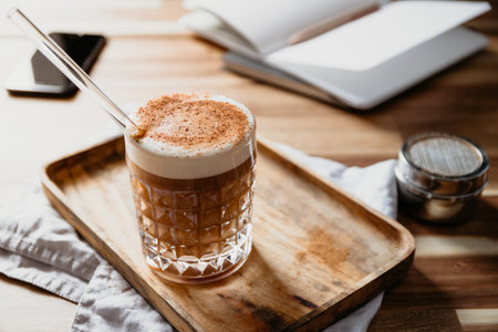 Cup of latte served with glass tube on a wooden work desk. Coffee break concept.