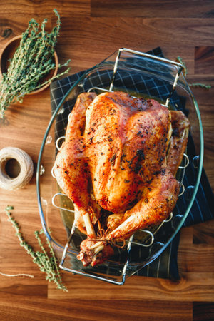 Roasted whole turkey on a table for family Thanksgiving Holiday.の写真素材