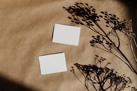 Top view of blank paper cards on a kraft paper. Mockup for business template.の写真素材