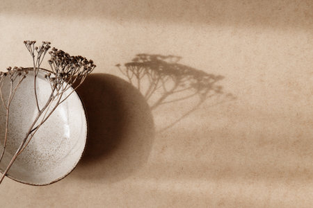 Minimalist ceramic bowl with dry plant over kraft paper background. Copy space, flat lay.の写真素材