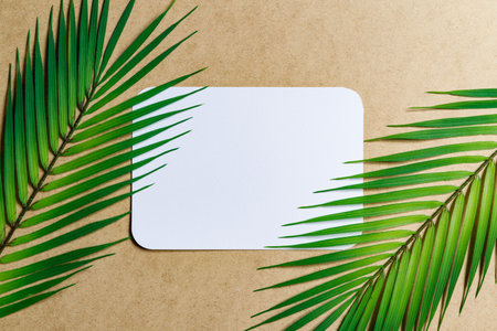 Top view of blank paper sheet on a beige kraft background with palm leaf. Tropic mockup for business template, copy space.の写真素材