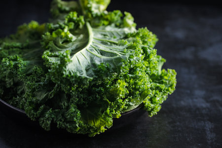 Fresh curly kale salad over dark rustic background.の写真素材