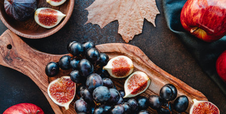 Top view on autumn food, red apples, figs, grapes and pumpkin.の写真素材