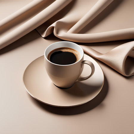 Cup of coffee on beige silk background. 3d renderingの素材