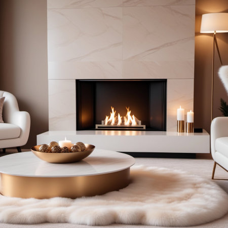 Modern living room interior with fireplace, carpet and candles. 3d renderの素材