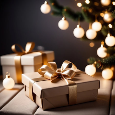 Christmas gift boxes with golden bow and christmas tree on background.の素材