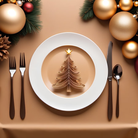 Christmas table place setting with christmas tree and decorations. 3d renderの素材