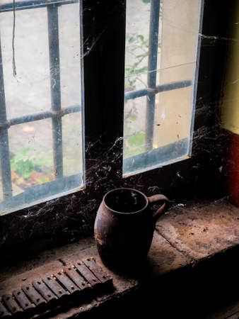 Pout forgotten in the window sill with cobwebsの写真素材