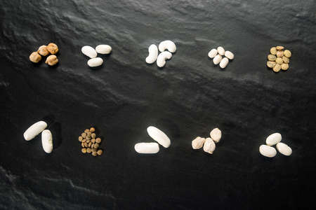 Different varieties of legumes from crops with protected designation of origin produced in Spain.