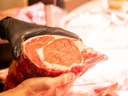 Exploded meat in a butcher shop for sale to the public.の写真素材