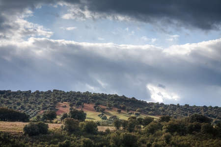 Landscape in the Montes de Toledo, next to the CabaÃ±eros Natural Park, Castilla La Mancha, Spain.の写真素材
