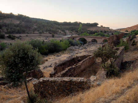 Landscape with abandoned farmland in Cabaneros National Park, Castilla La Mancha, Toledo, Spain.