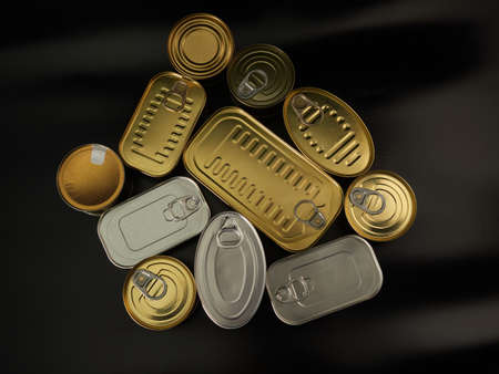 Different types of cans with prepared foods for consumption, vegetables, fish and meatの写真素材
