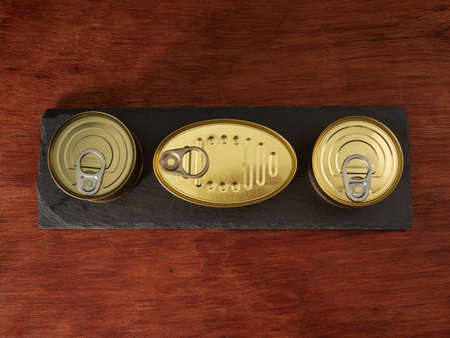 Different types of cans with prepared foods for consumption, vegetables, fish and meat