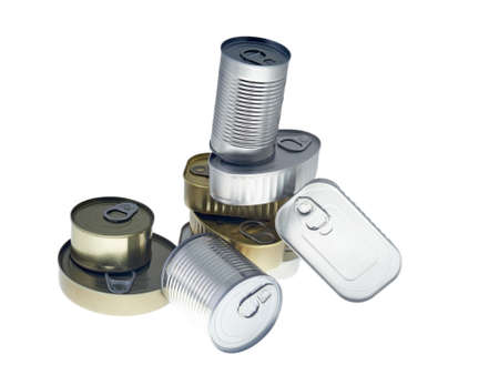 Different types of cans with prepared foods for consumption, vegetables, fish and meat