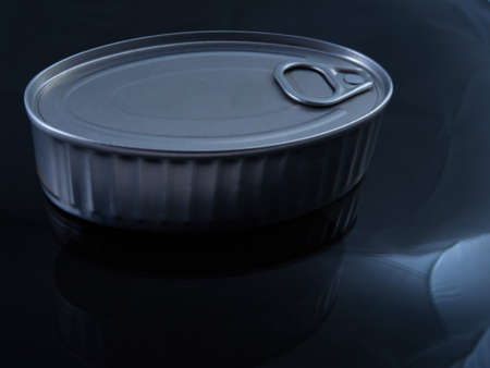 Different types of cans with prepared foods for consumption, vegetables, fish and meatの写真素材