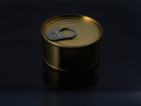 Different types of cans with prepared foods for consumption, vegetables, fish and meatの写真素材