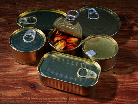Tinned mussels in a brown oily sauce.の写真素材